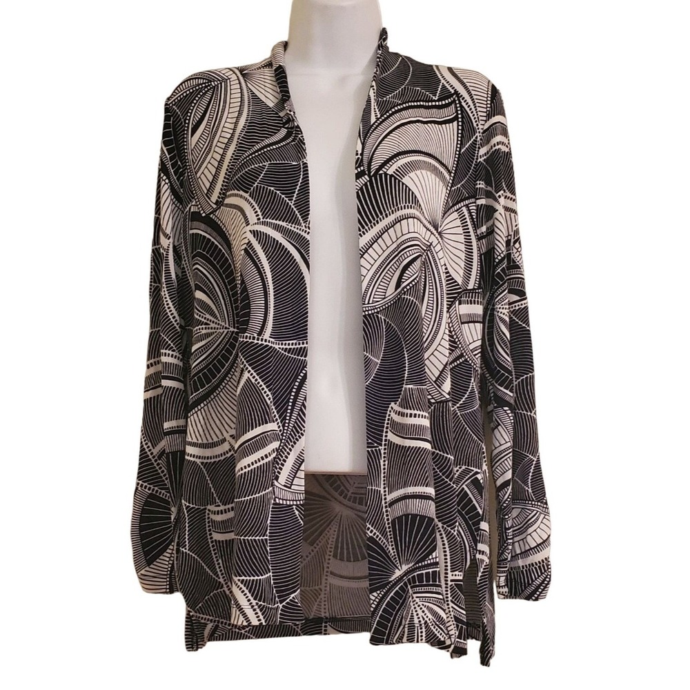 Chicos Travelers 0 Black‎ White Open Cardigan Jacket S 4 Abstract Print Artsy